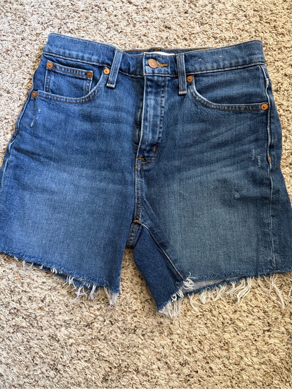 Madewell Medium Blue High-Rise Frayed Hem Denim Shorts